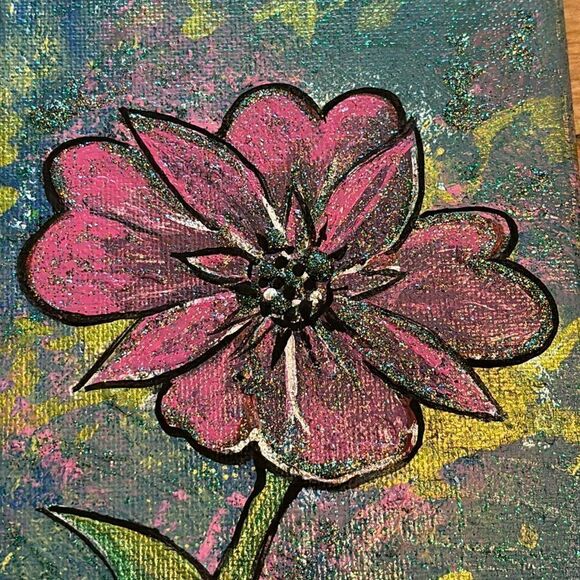 Original Acrylic Painting with Glitter 5x7 Pink Floral Artwork with Green - Picture 6 of 8